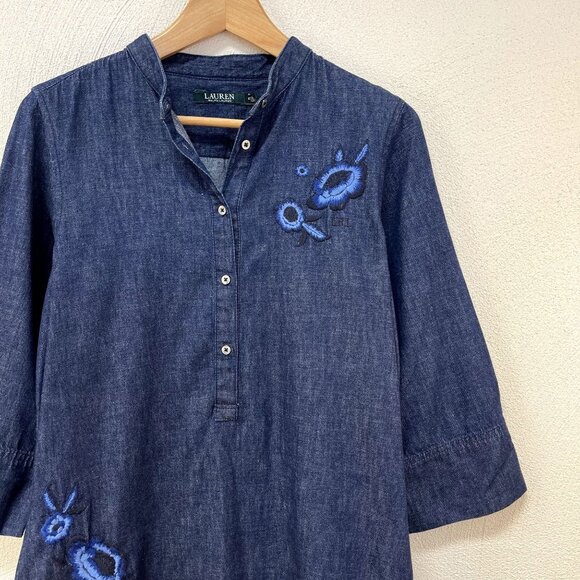 Lauren Ralph Lauren Blue Denim Floral Embroidered Shift Dress sz 6 - Picture 3 of 4